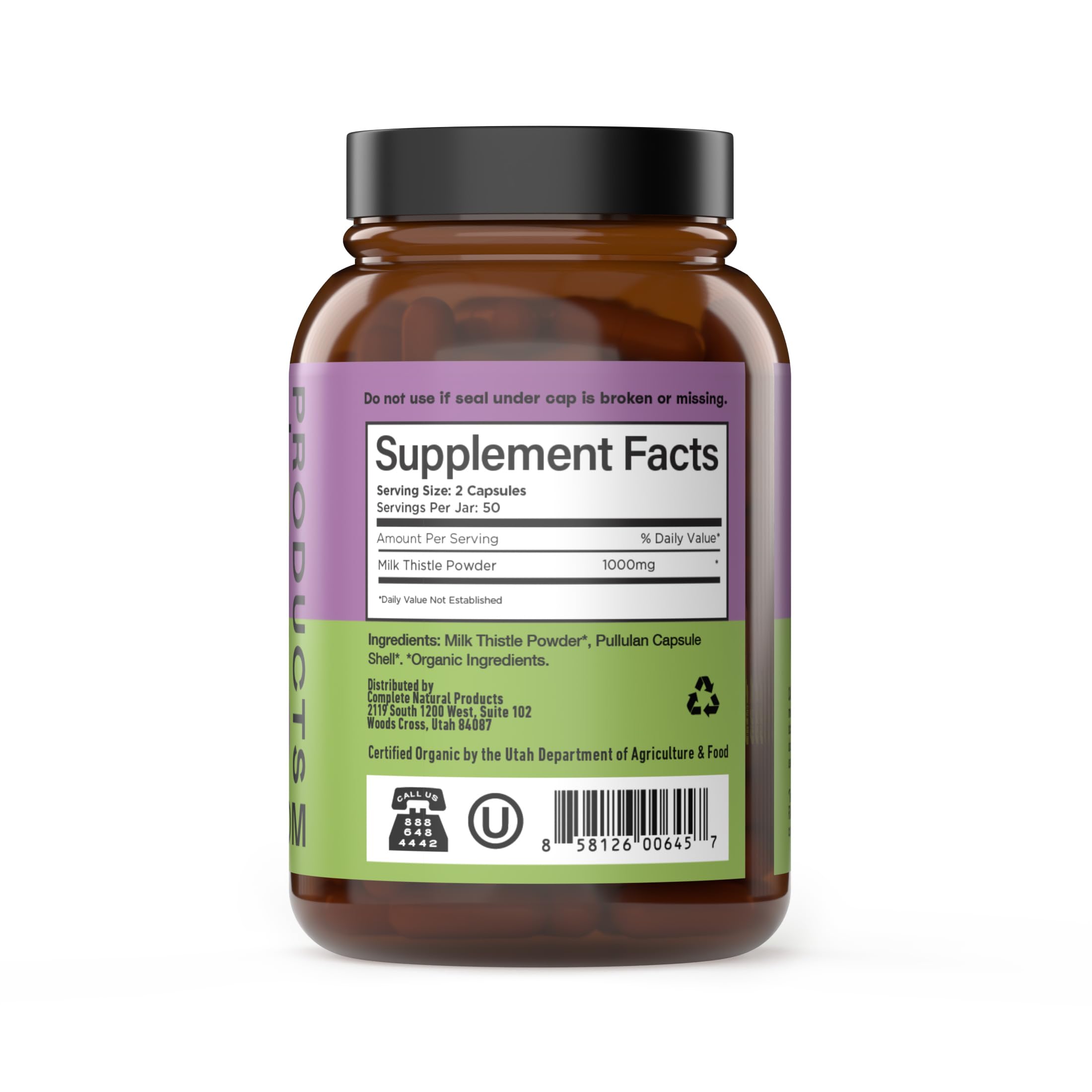 Capsules inside a glass jar by Complete Natural Products for easy handling.