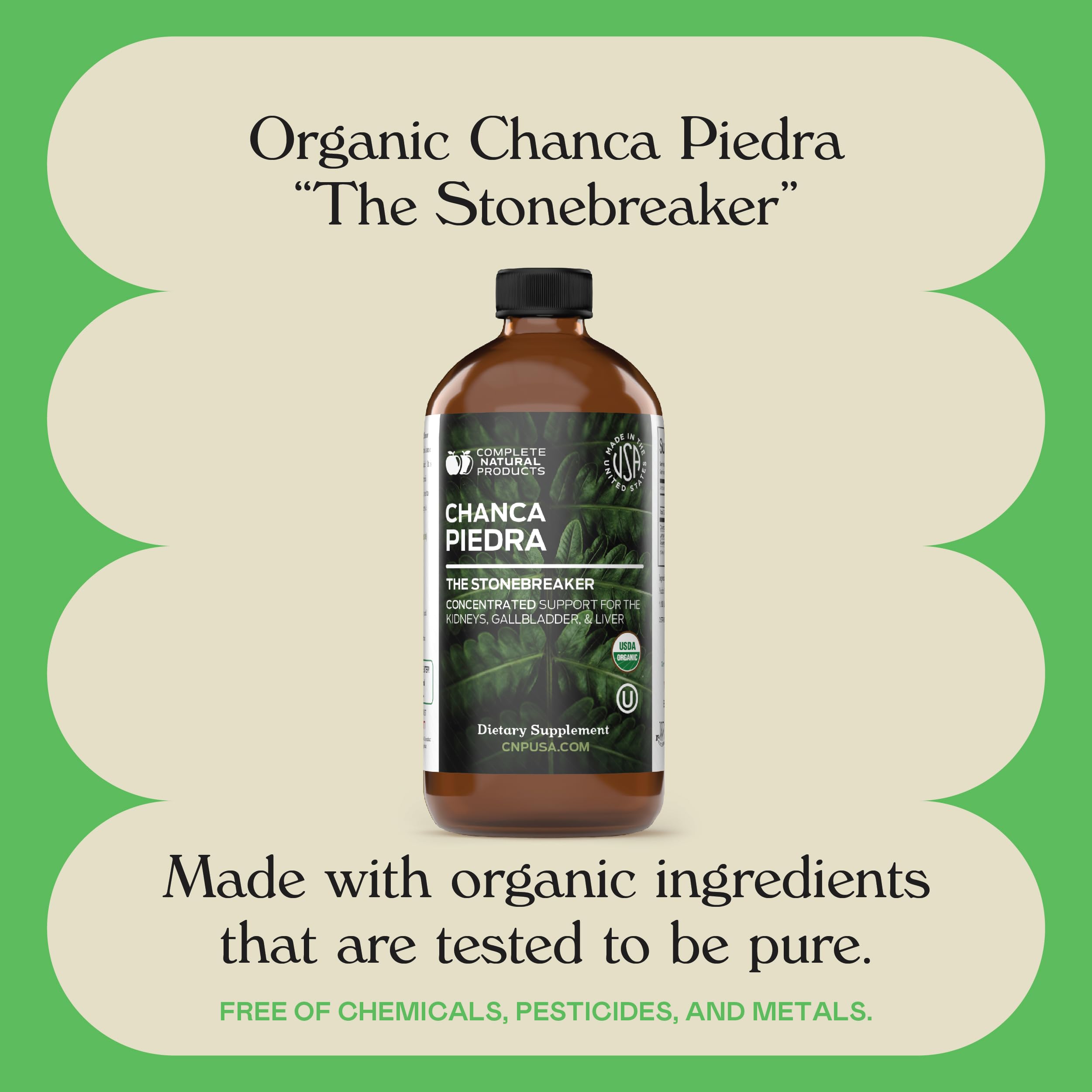 Complete Natural Products Chanca Piedra ingredient list highlights organic, alcohol-free formula.