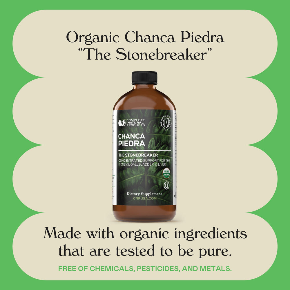 Complete Natural Products Chanca Piedra ingredient list highlights organic, alcohol-free formula.