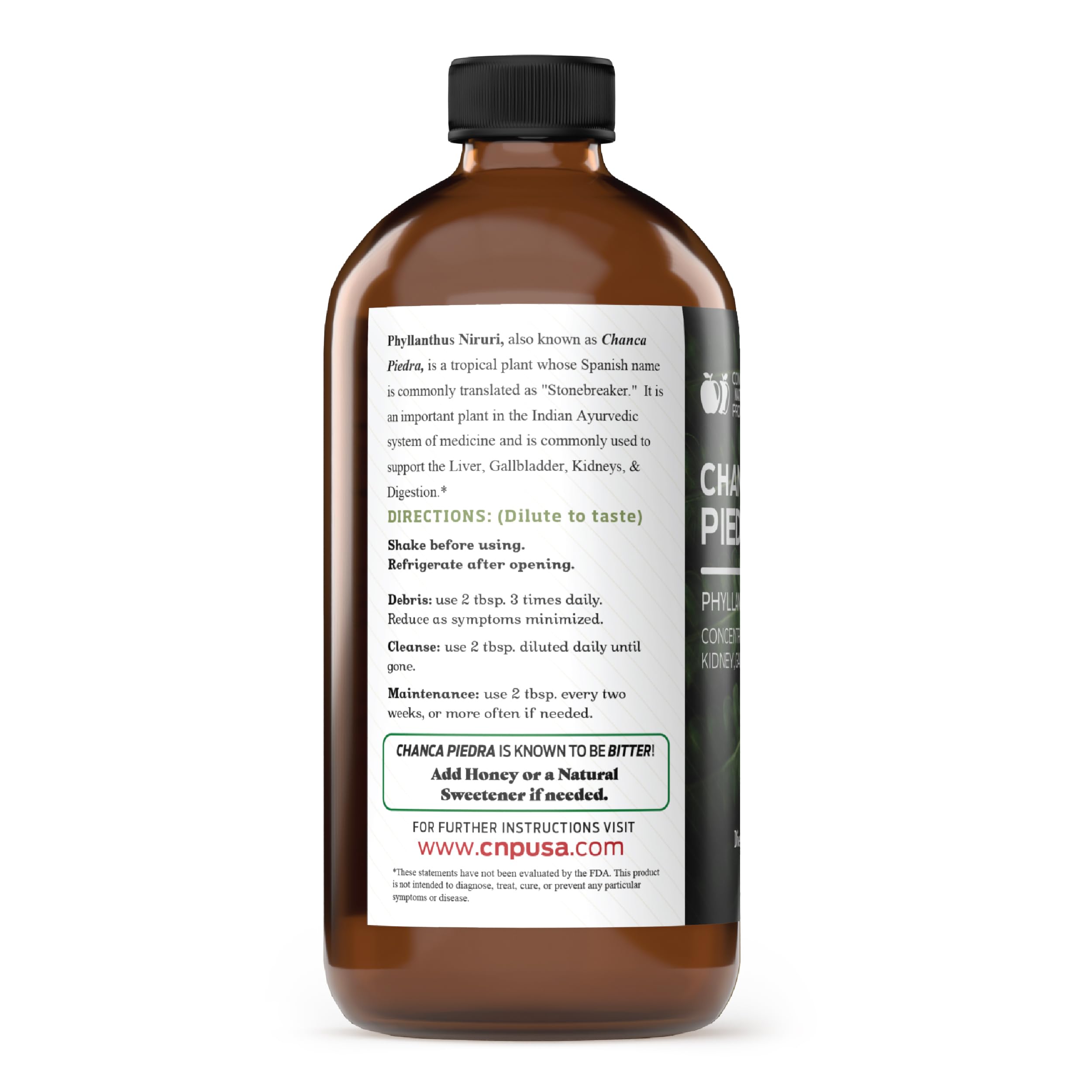 Complete Natural Products Chanca Piedra label closeup shows organic, alcohol-free concentrate.
