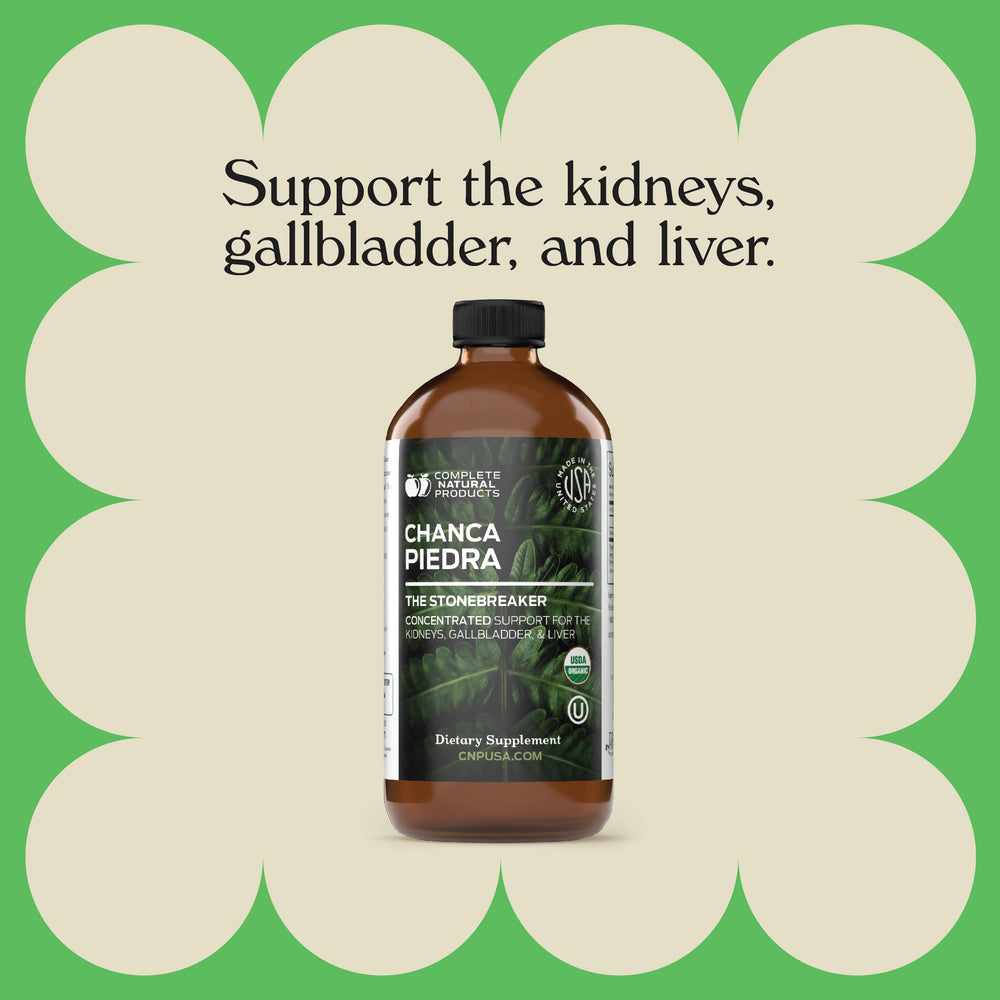 Complete Natural Products Chanca Piedra liquid mixed with water for easy daily intake.