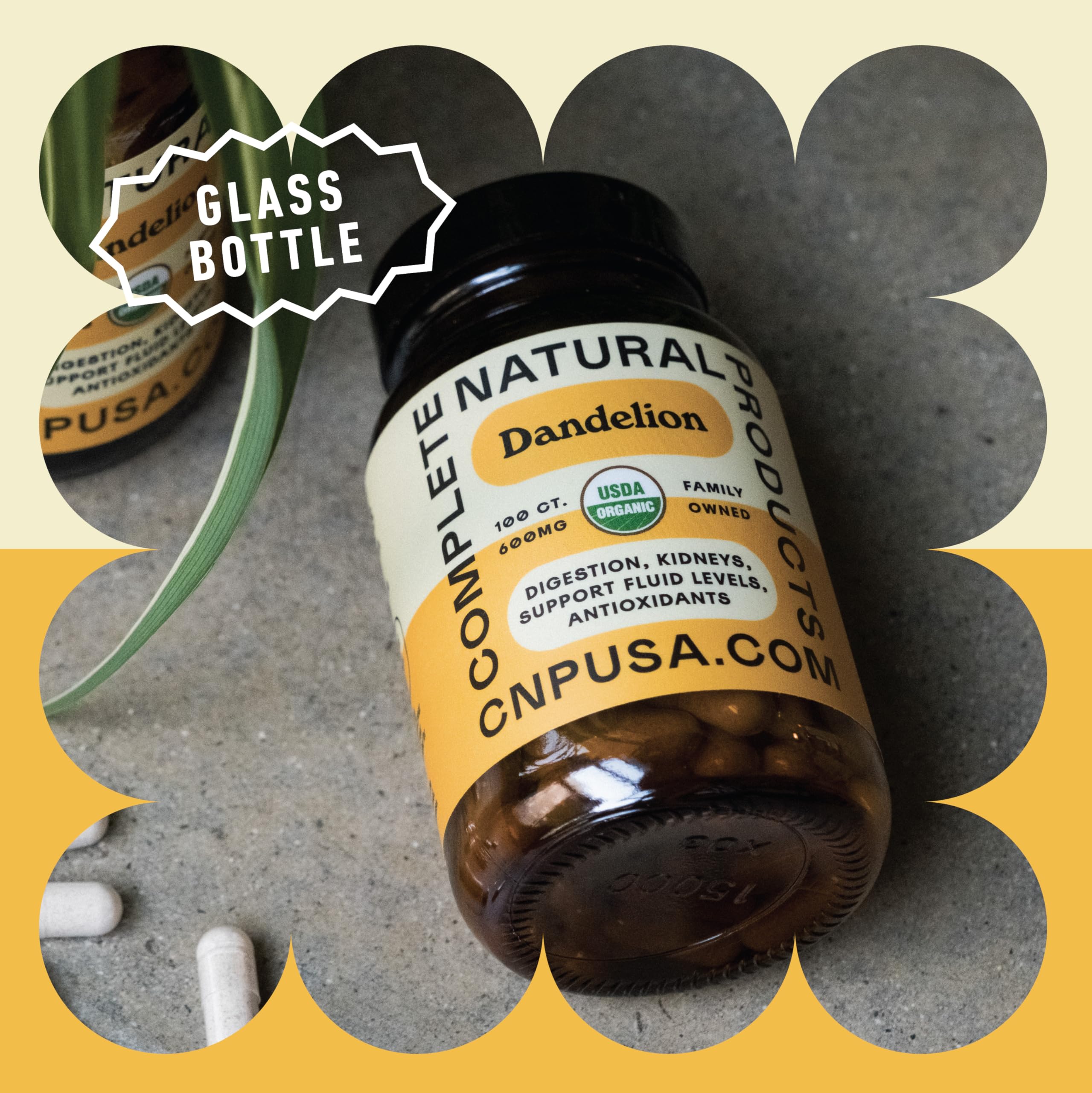 Complete Natural Products dandelion root capsules with dried root imagery.