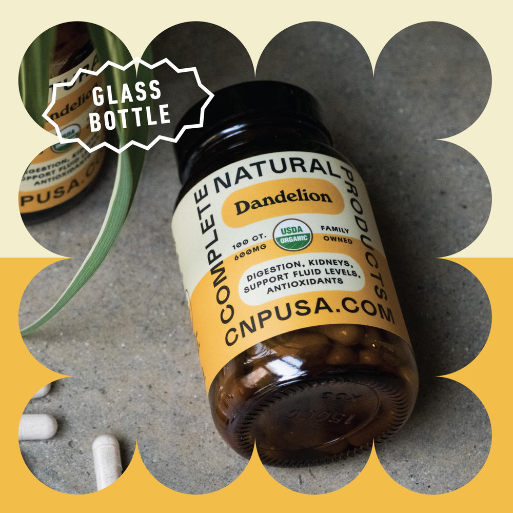 Complete Natural Products dandelion root capsules with dried root imagery.