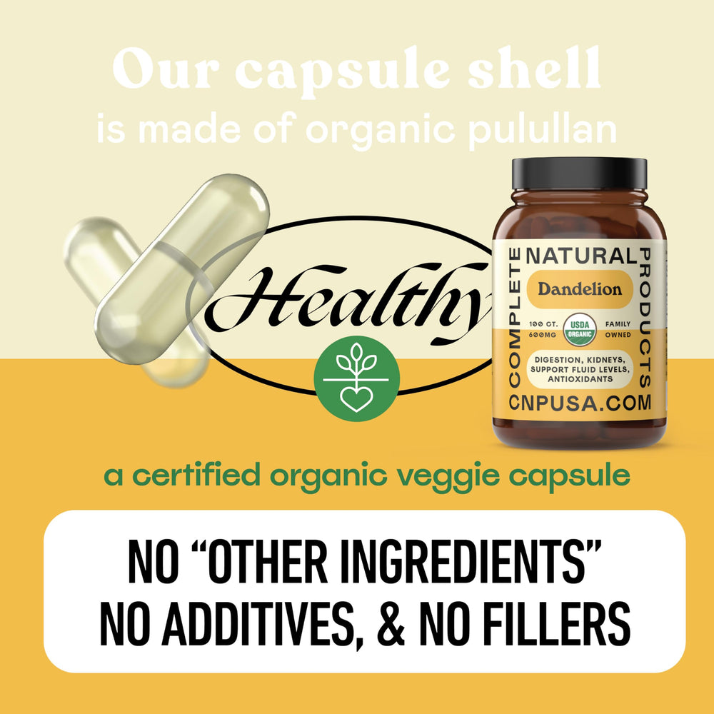 Complete Natural Products dandelion root capsules in glass with water for easy intake.