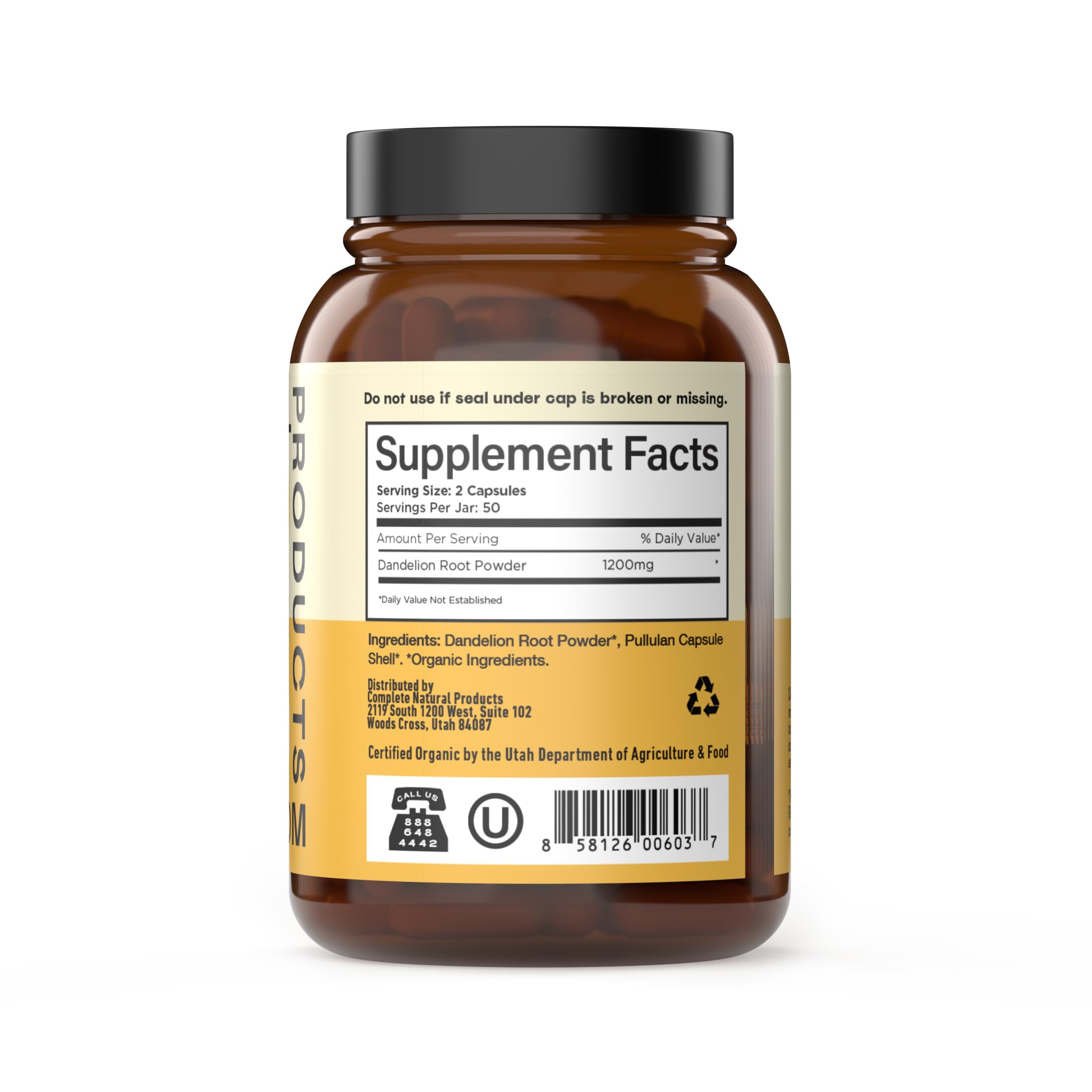 Complete Natural Products dandelion root capsules poured for quick daily use.