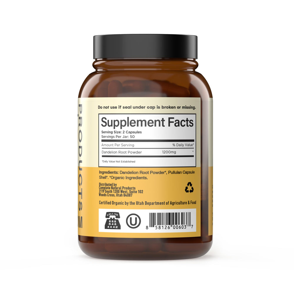 Complete Natural Products dandelion root capsules poured for quick daily use.