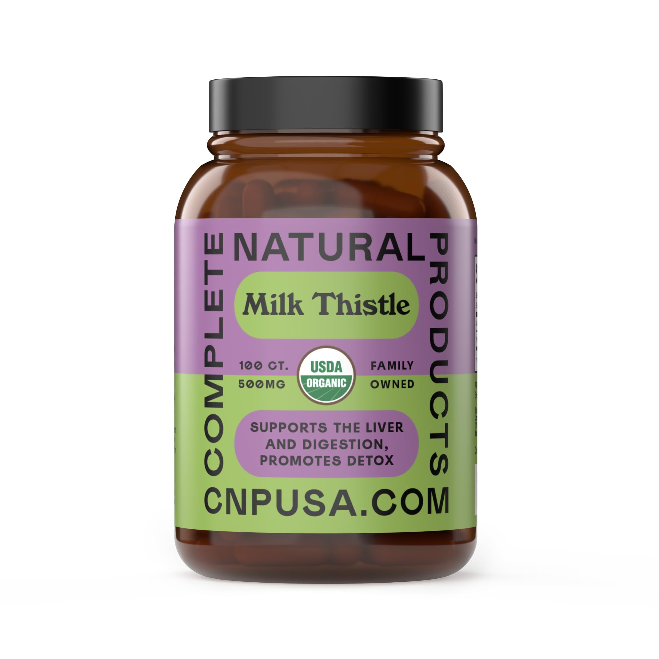 Complete Natural Products milk thistle capsules front view, organic and pure.