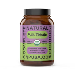 Complete Natural Products milk thistle capsules front view, organic and pure.