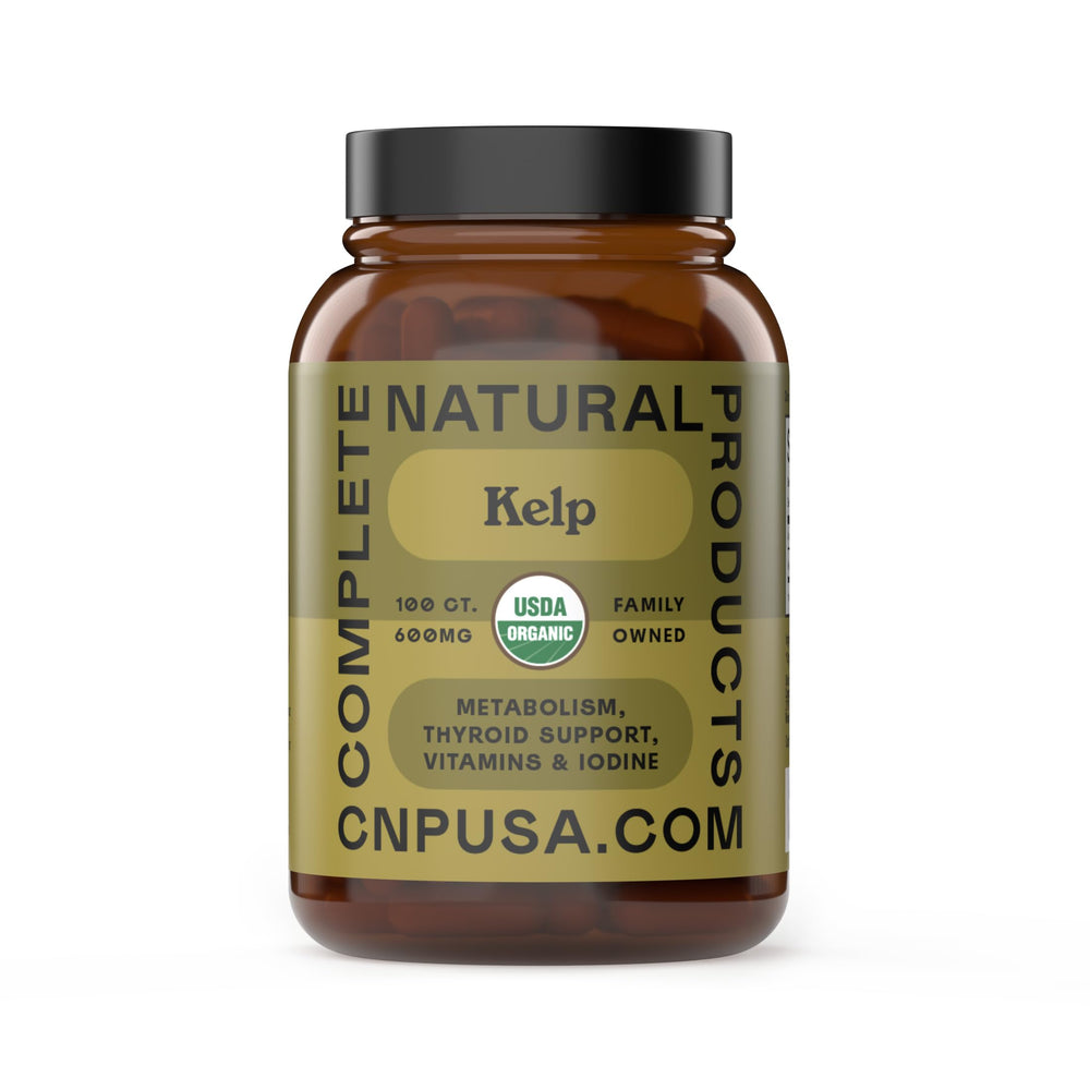 Complete Natural Products sea kelp capsules bottle front highlights iodine-rich source for thyroid support.