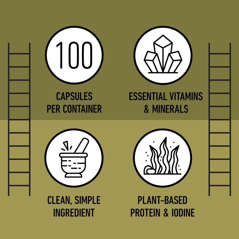 Complete Natural Products sea kelp capsules cap and pill close-up suggests easy daily use.