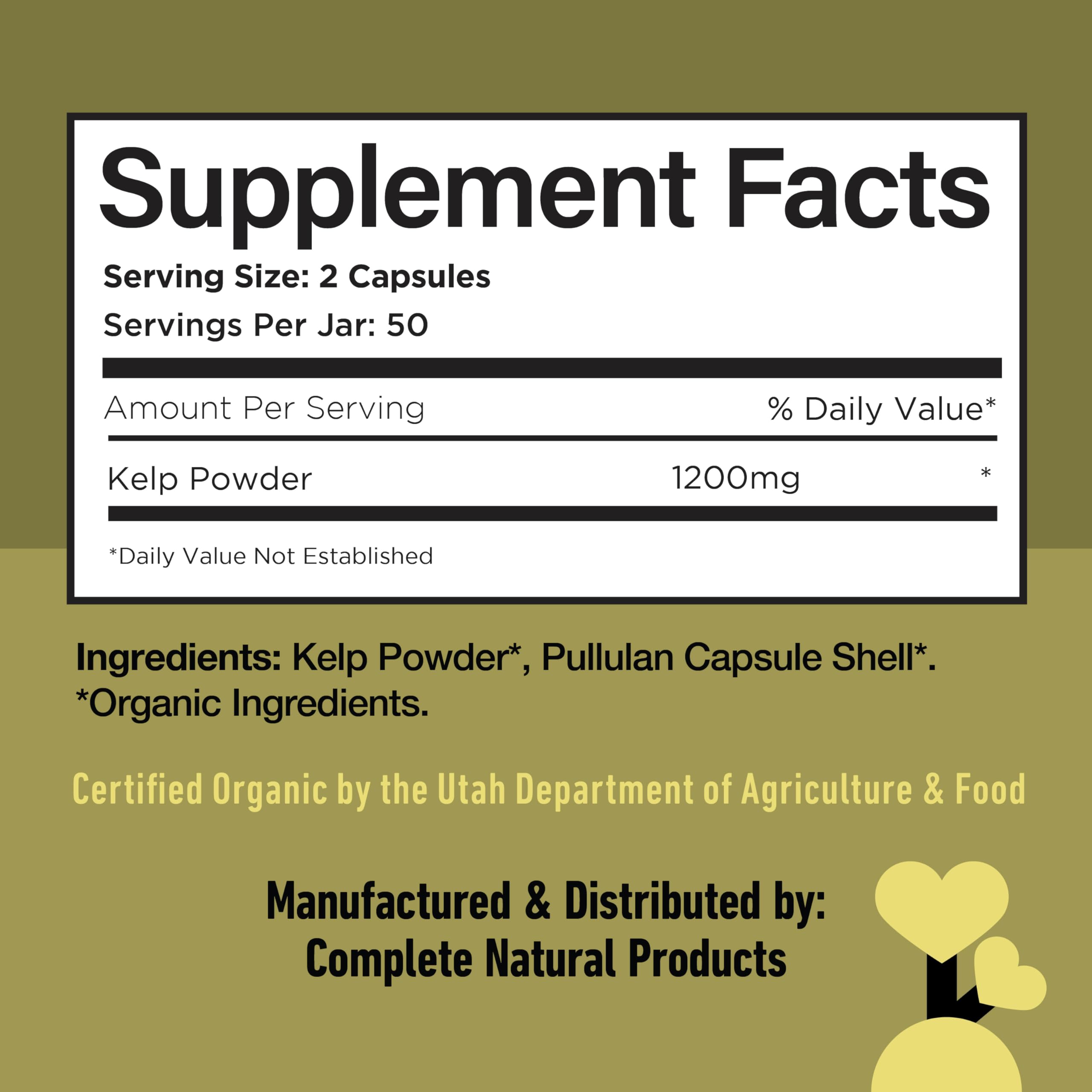 Complete Natural Products sea kelp capsules gluten-free and vegetarian friendly badge communicates suitability.