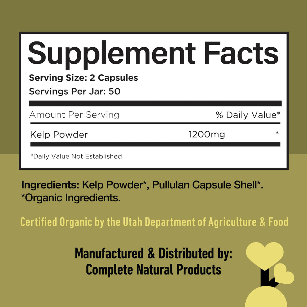Complete Natural Products sea kelp capsules gluten-free and vegetarian friendly badge communicates suitability.