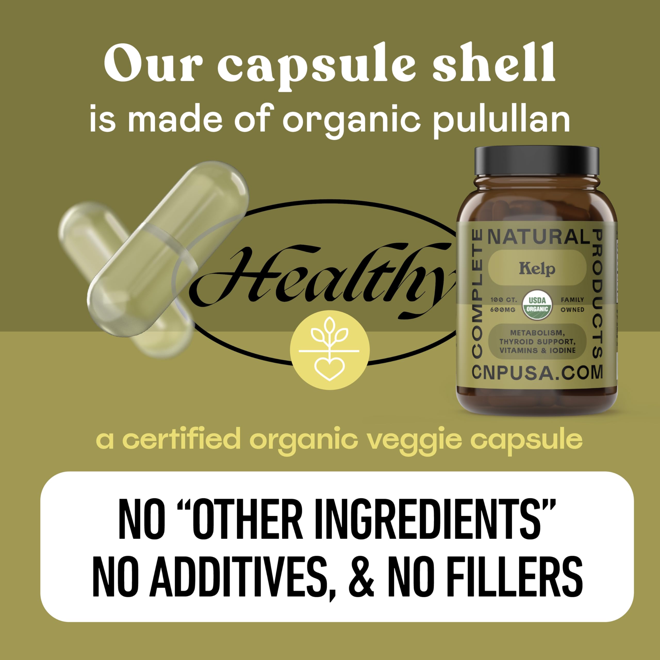 Complete Natural Products sea kelp capsules nutrition facts panel highlights iodine content for awareness.