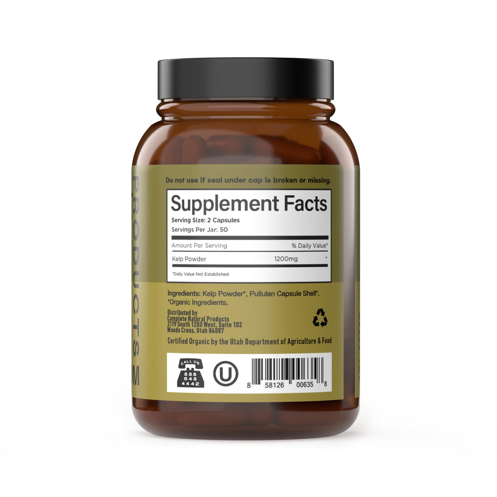 Complete Natural Products sea kelp capsules package label close-up confirms gluten-free and kosher certification.