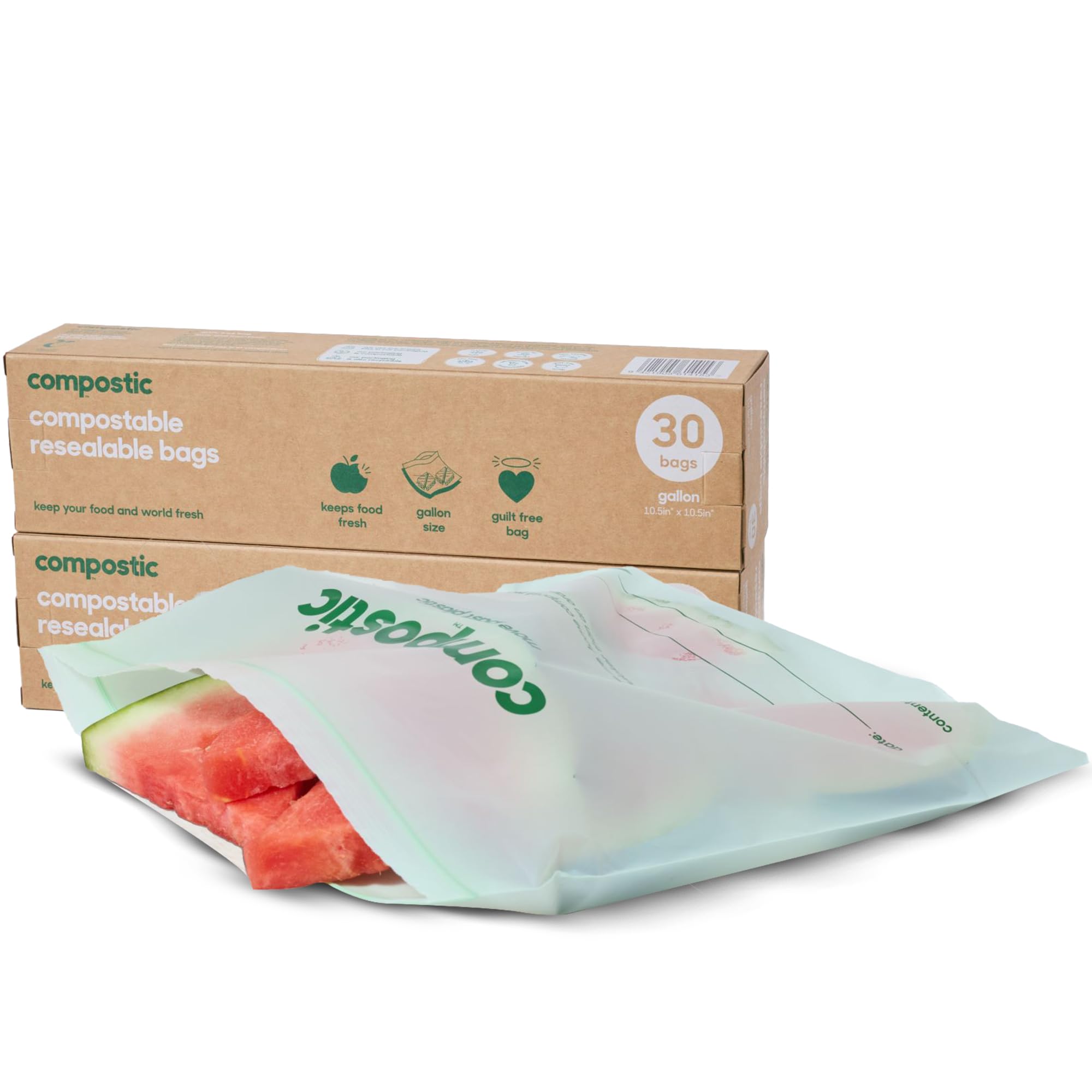 Compostic gallon bags are microwave-safe for quick kitchen storage.