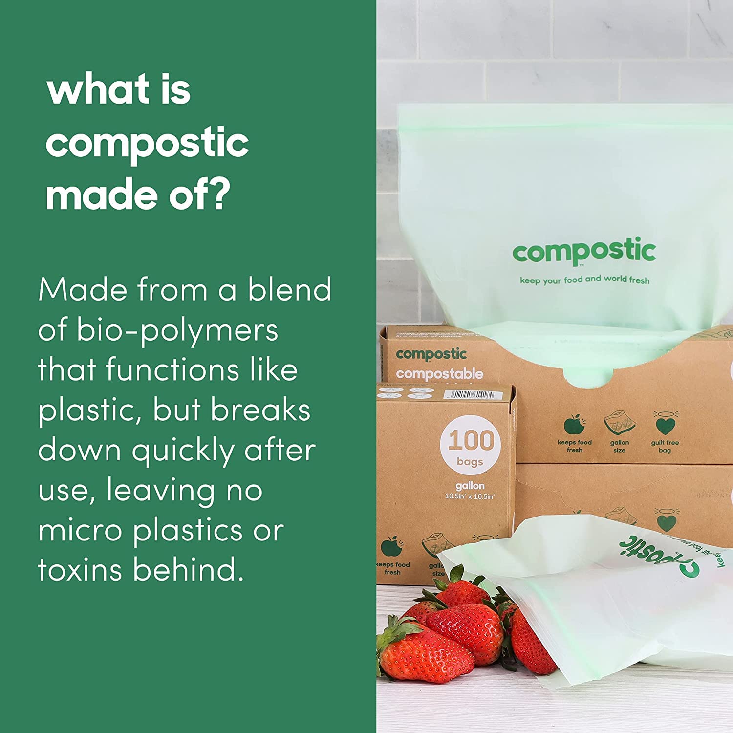 Compostic kitchen-use compostable bags provide durable storage for meals.