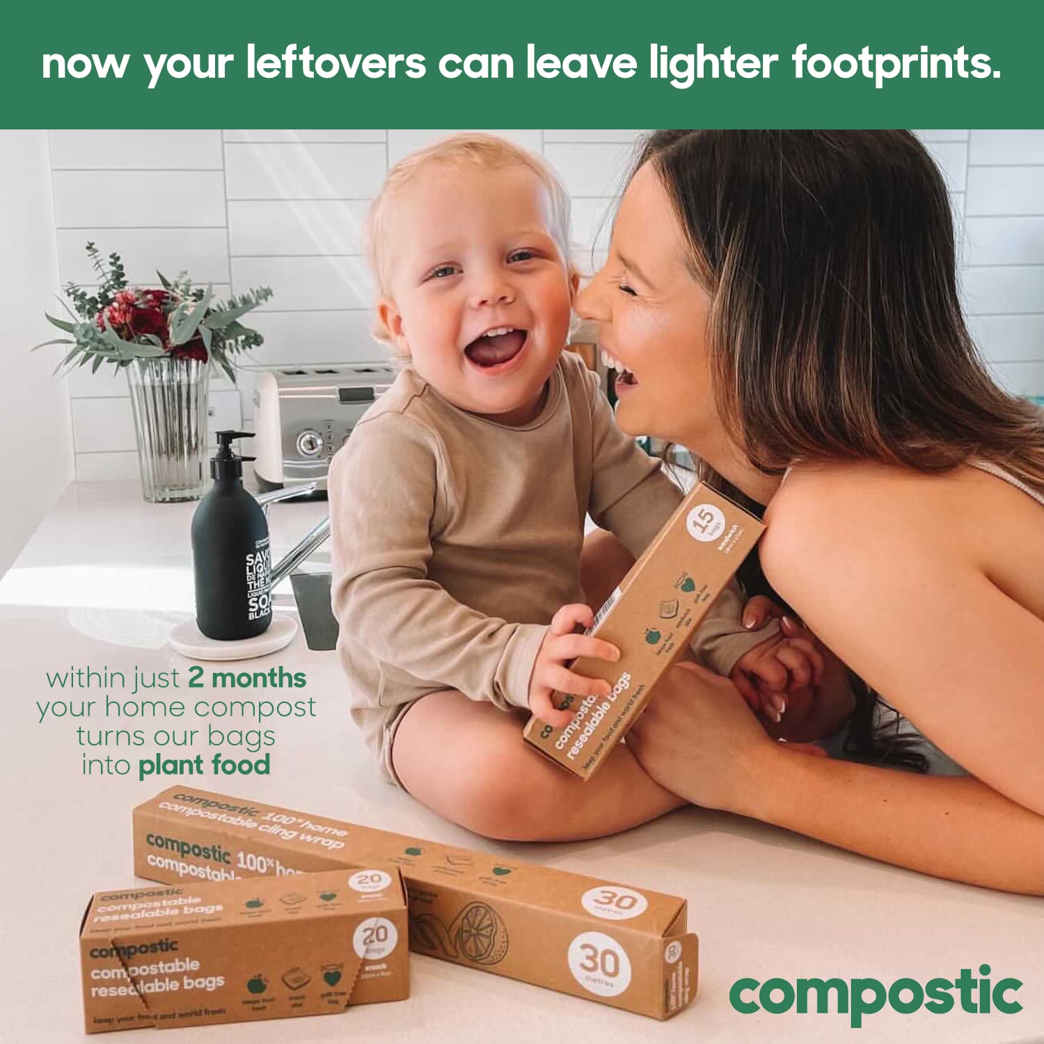 Compostic packaging stays shelf-stable up to 12 months in cool, dry spaces.