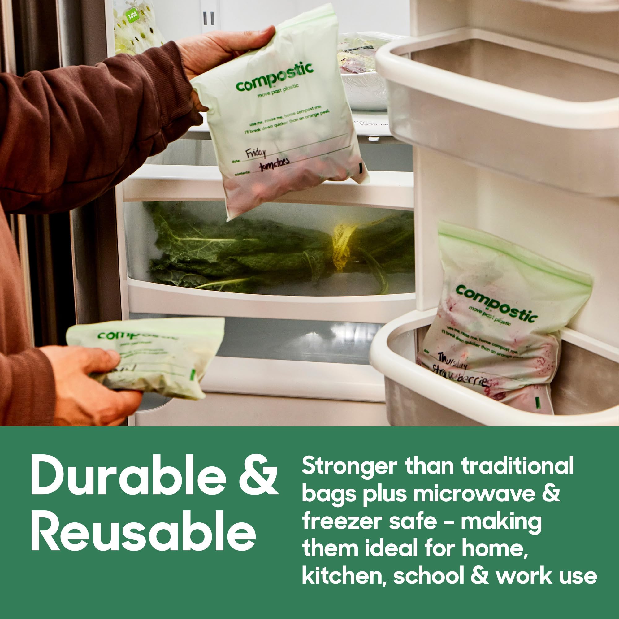 Compostic packaging uses soy-based ink for eco-friendly labeling.