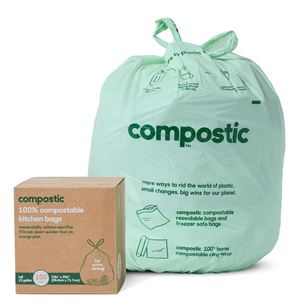 Compostic 13-gallon tall bags ready for sturdy compostable kitchen waste