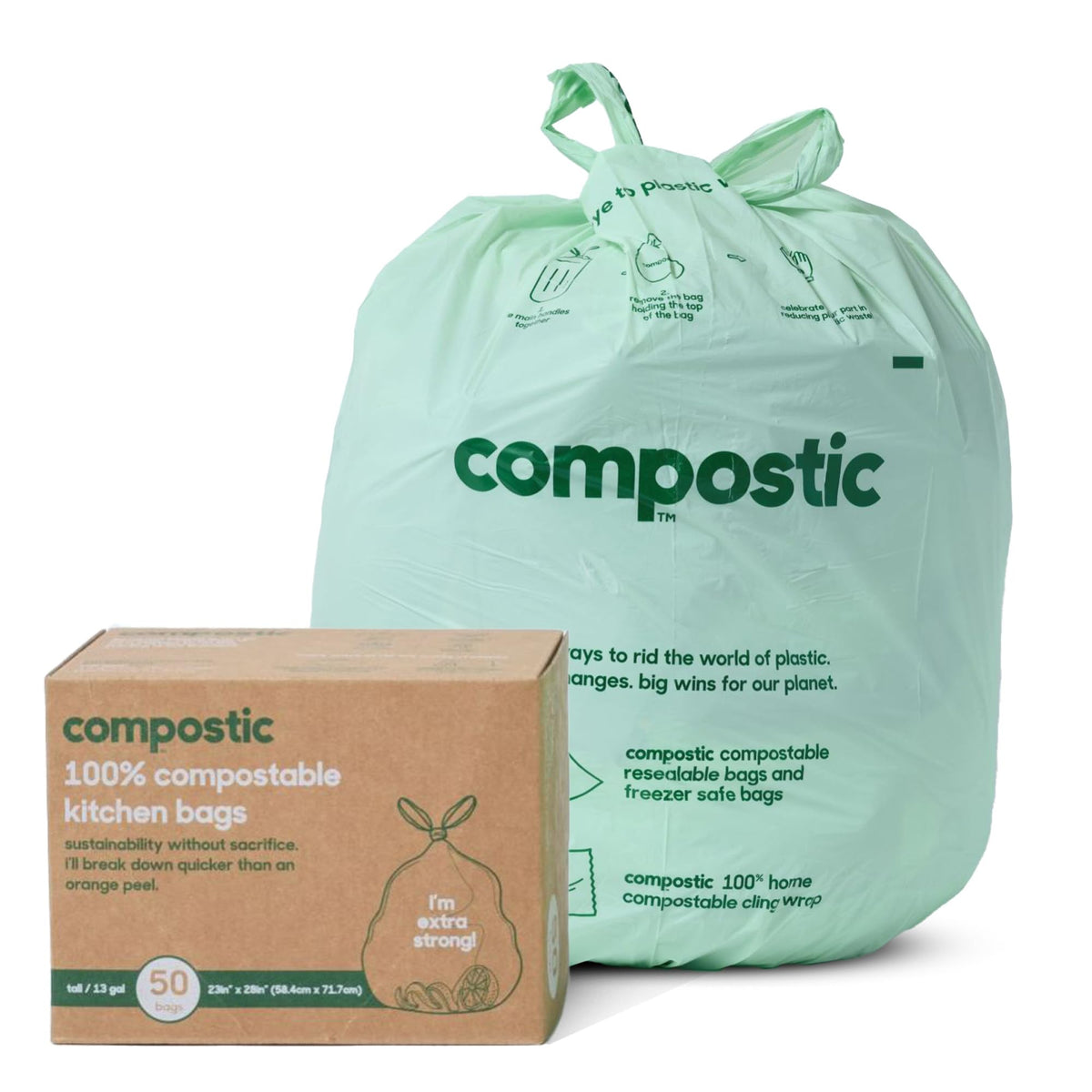 Compostic home compostable trash bags in 13-gallon size for daily kitchen waste