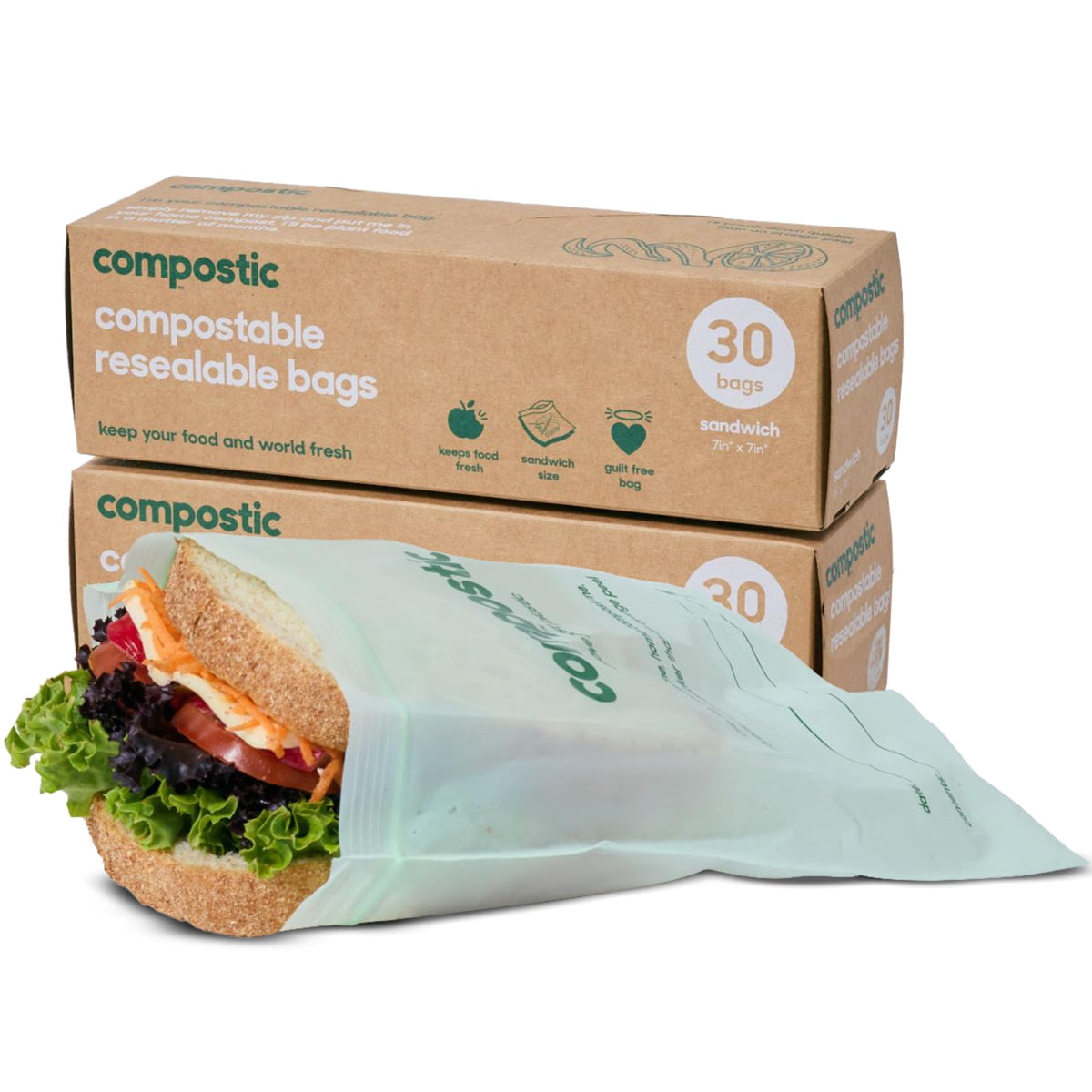 Compostic sandwich bags reseal securely for fresh, on-the-go lunches.