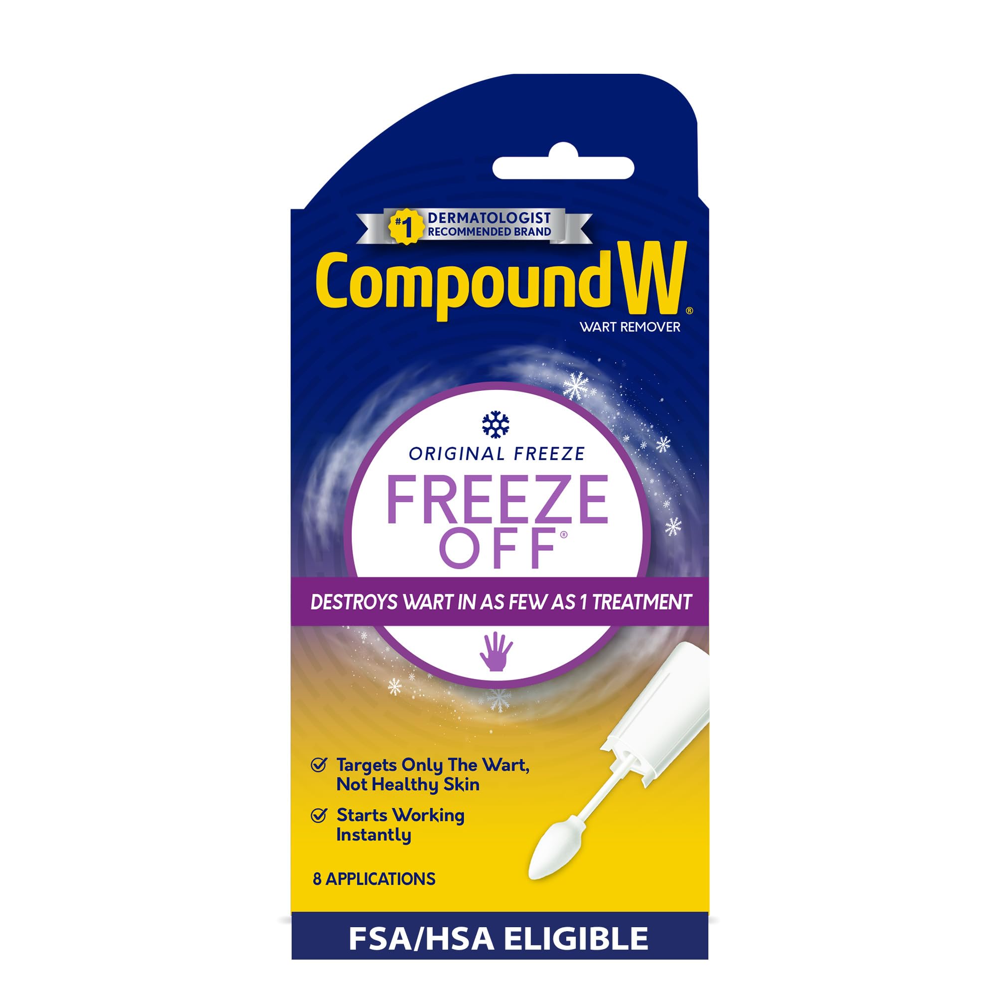 Compound W Freeze Off bottle with applicator demonstrates targeted wart removal at home.