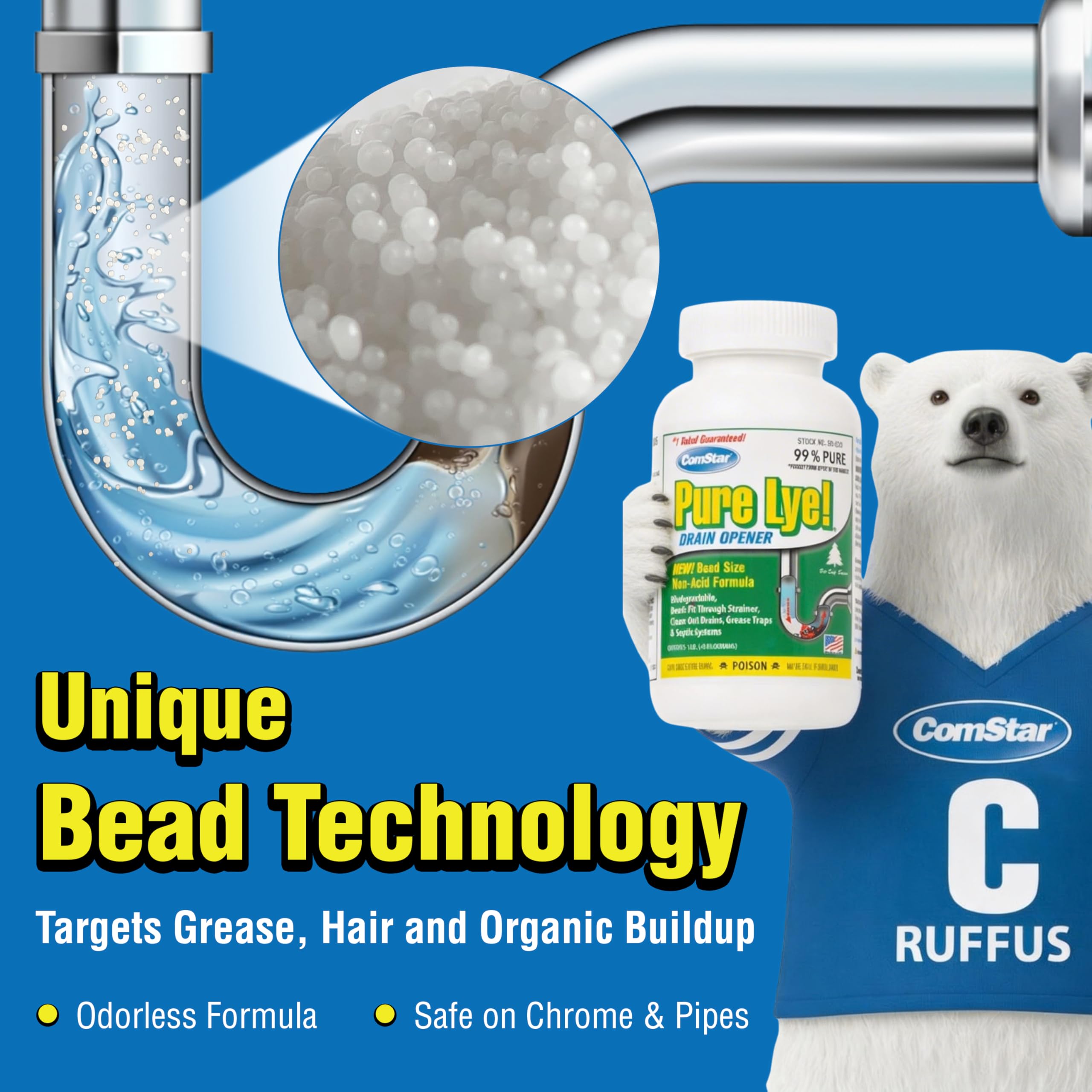 ComStar Pure Lye beads 1lb packaging displayed for easy handling.