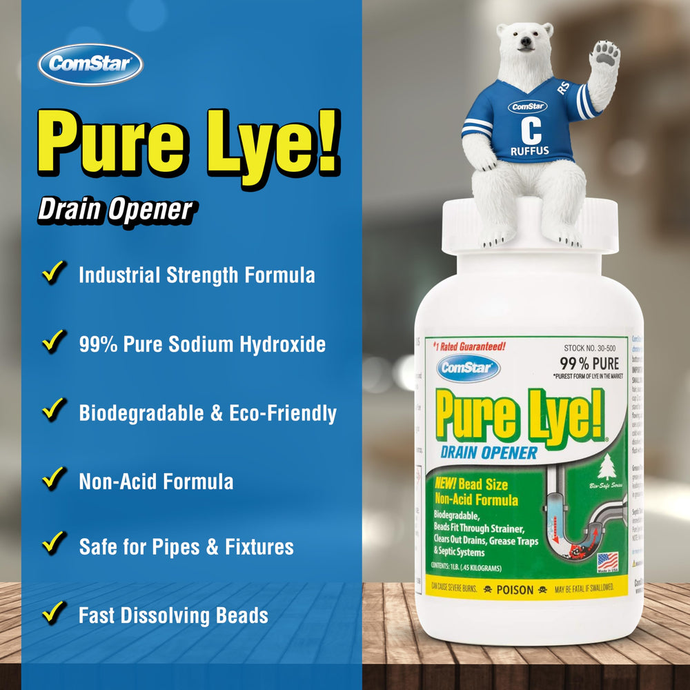 ComStar Pure Lye beads close-up detail shows uniform beads for consistent soap making.