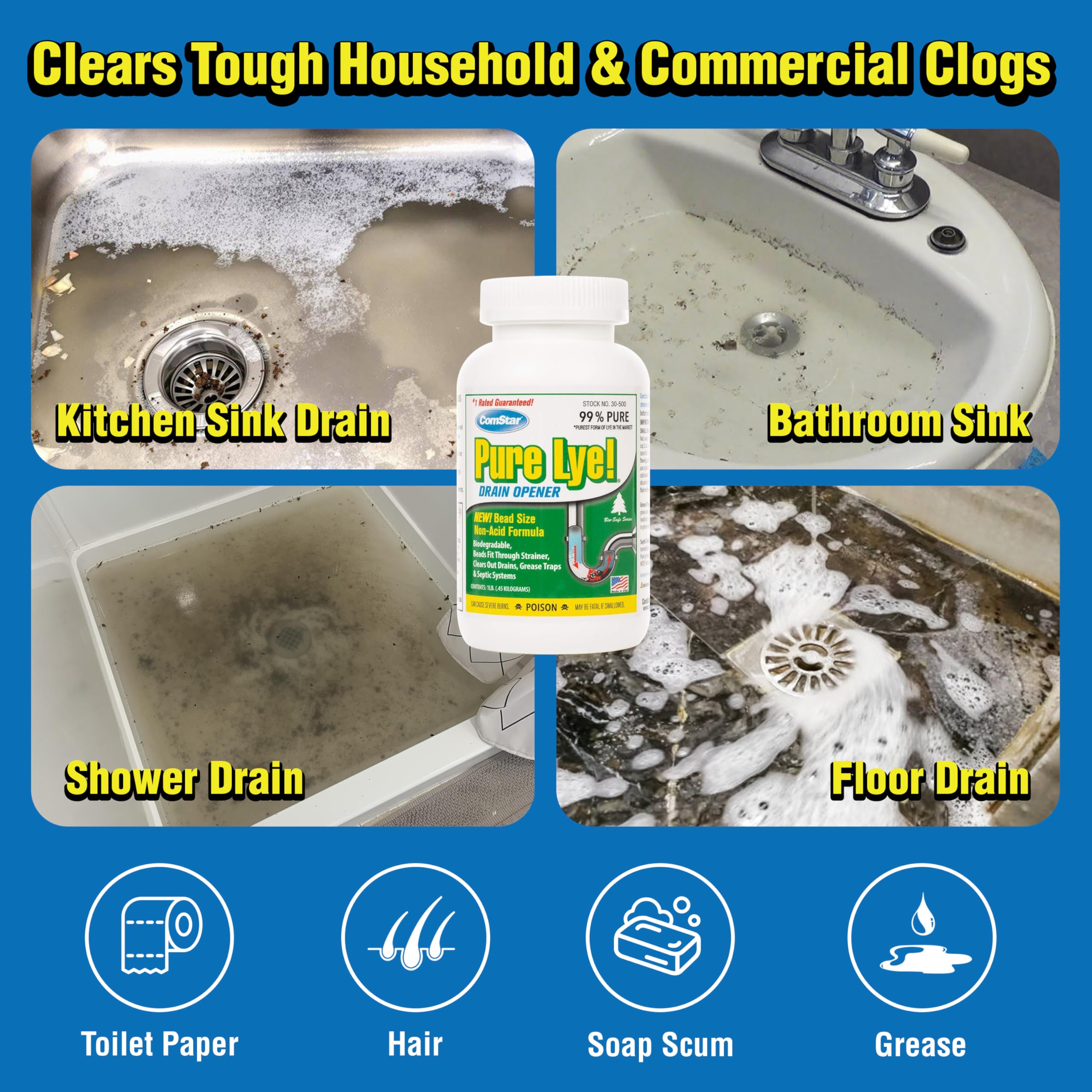 ComStar Pure Lye beads sink through water to target clogs.