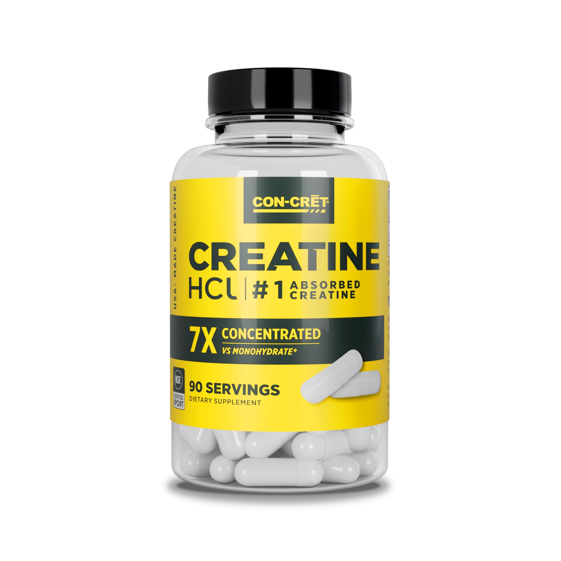 CON-CRET Creatine HCl capsules in a bottle for portable daily energy support.