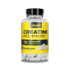 CON-CRET Creatine HCl capsules in a bottle for portable daily energy support.