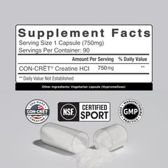 Close-up of CON-CRET Creatine HCl capsules showcasing smooth solubility and easy dosing.