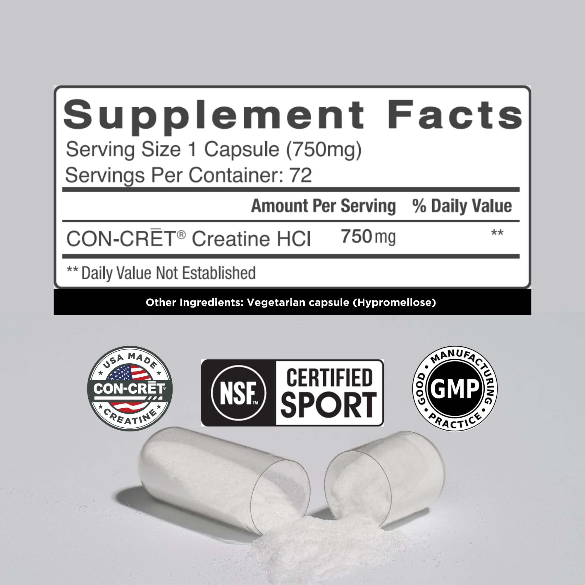 CON-CRET Creatine HCl capsules pour into glass shows quick uptake potential.