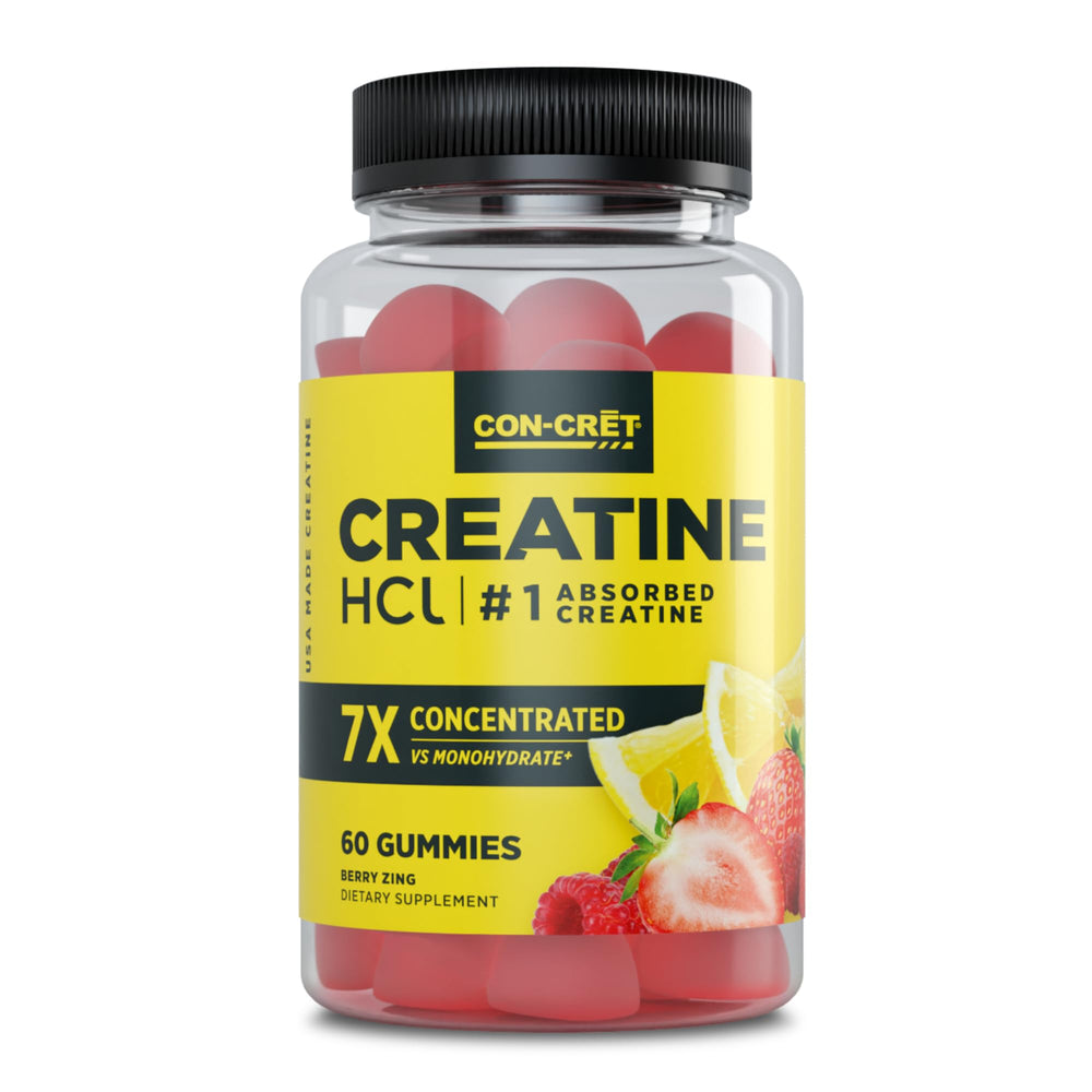 CON-CRET Creatine HCl Gummies Berry Zing bottle for convenient daily energy support.