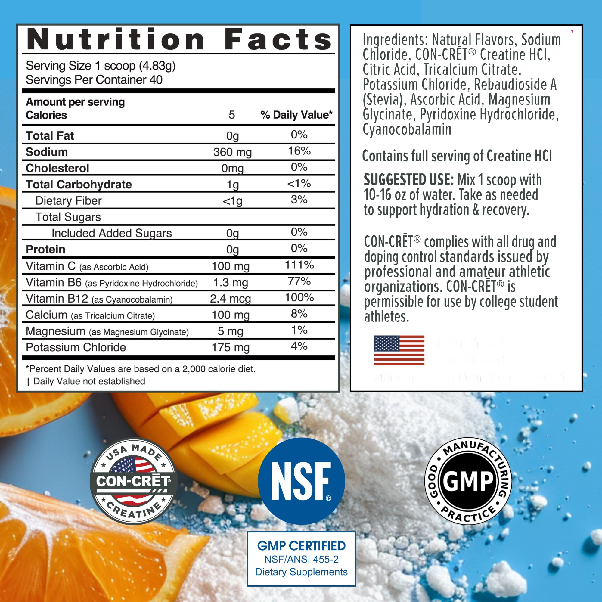 Close-up of CON-CRET hydration label with electrolytes and vitamins