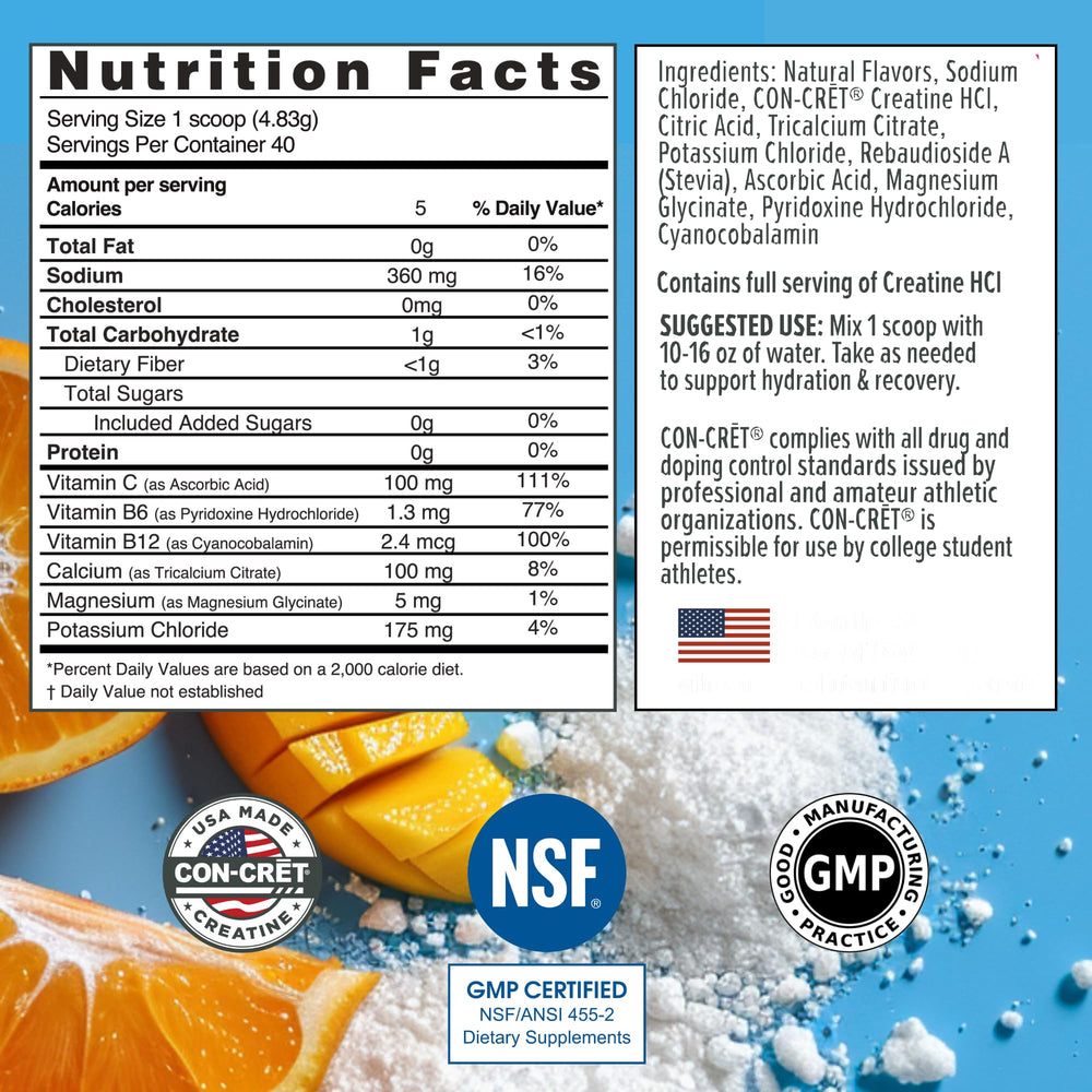 Close-up of CON-CRET hydration label with electrolytes and vitamins
