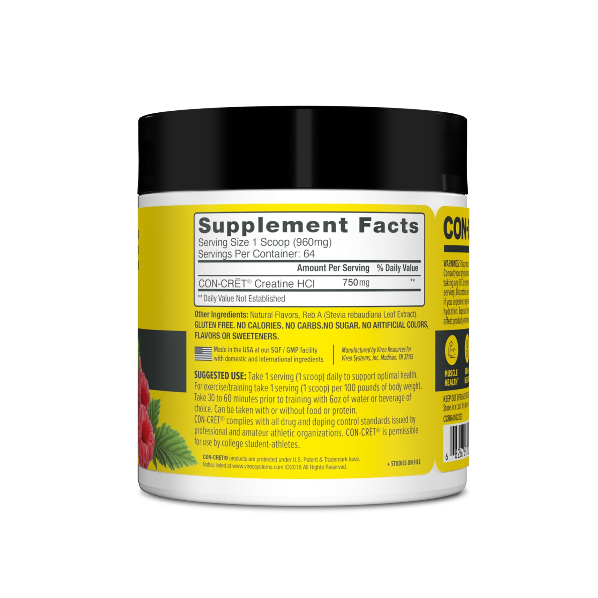 CON-CRET Creatine HCl label highlighting ingredients and usage.