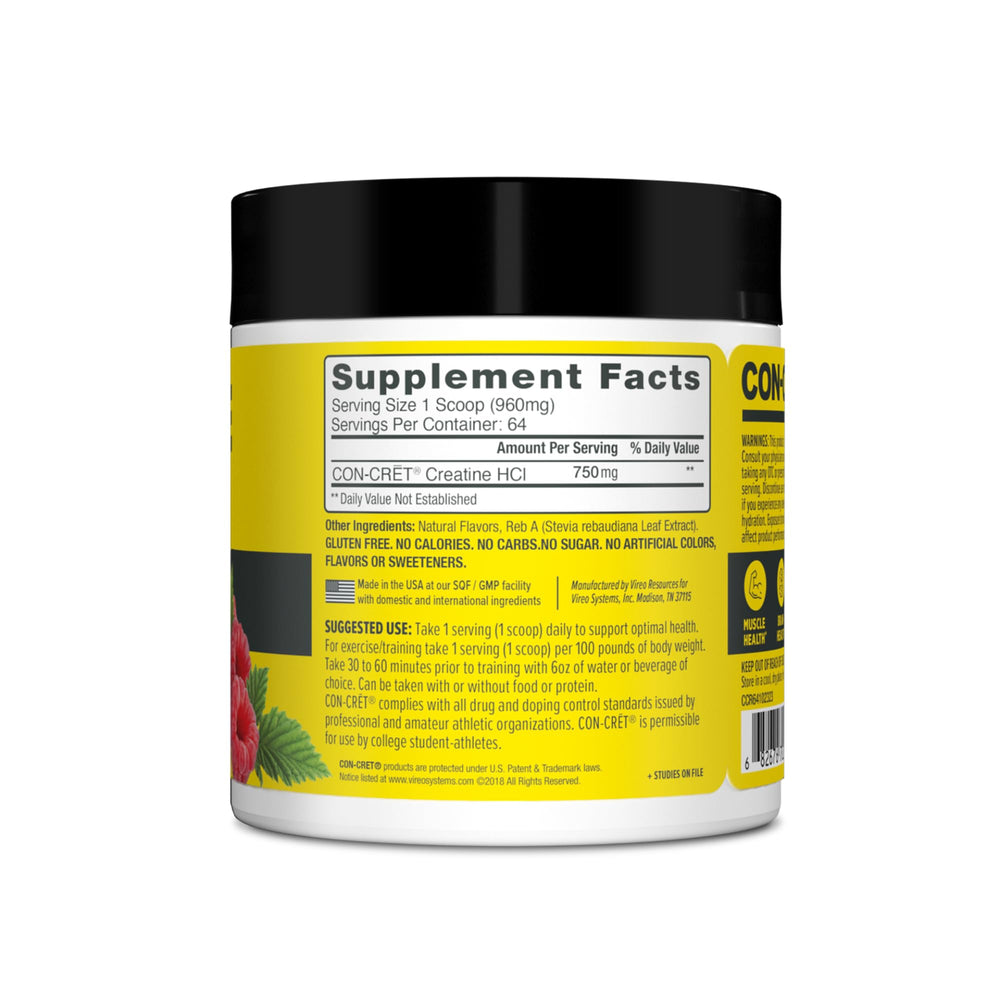 CON-CRET Creatine HCl label highlighting ingredients and usage.