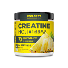 CON-CRET Creatine HCl pineapple powder bottle highlights premium USA-made quality for daily workouts.