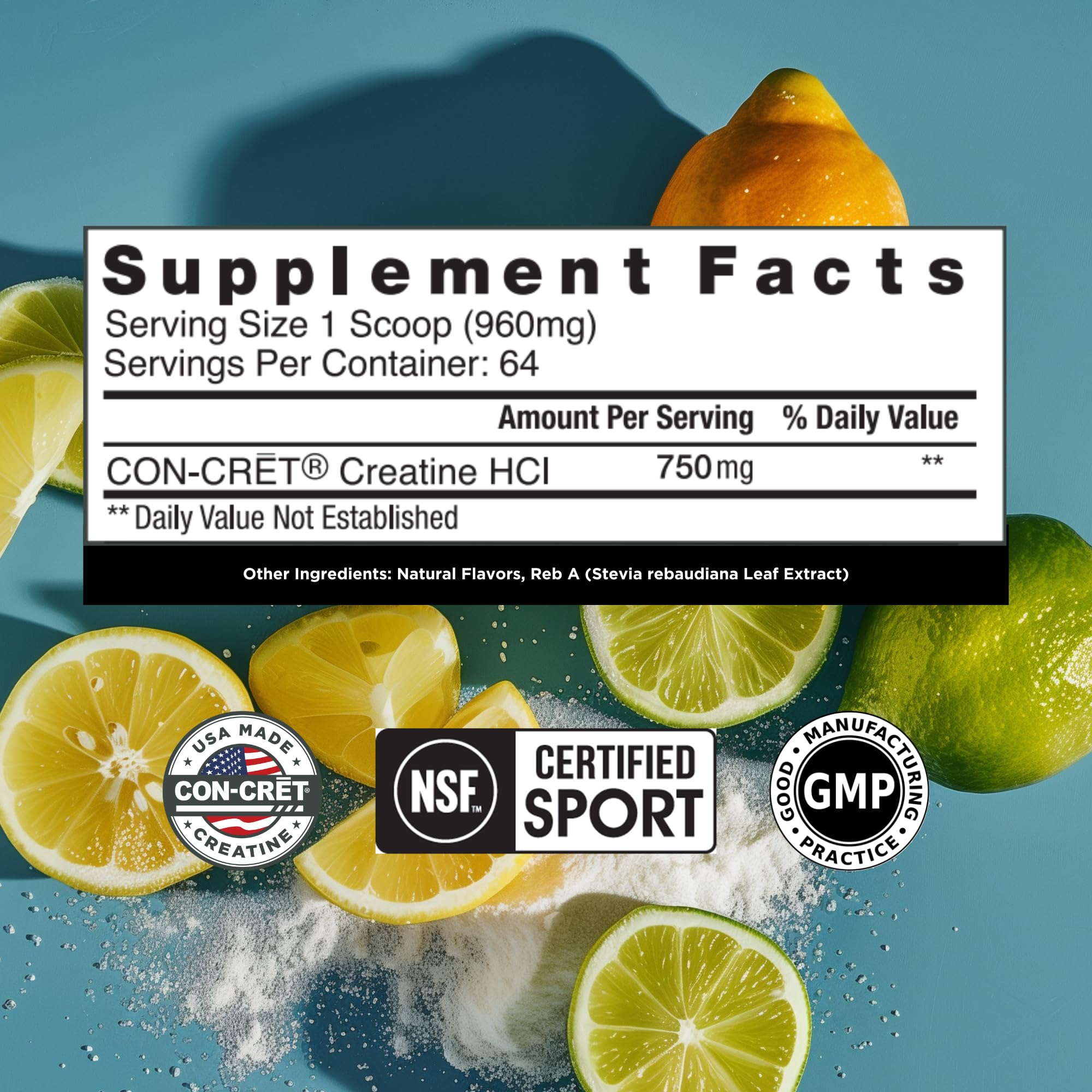 CON-CRET Creatine HCl powder label highlights USA-made quality and certifications.