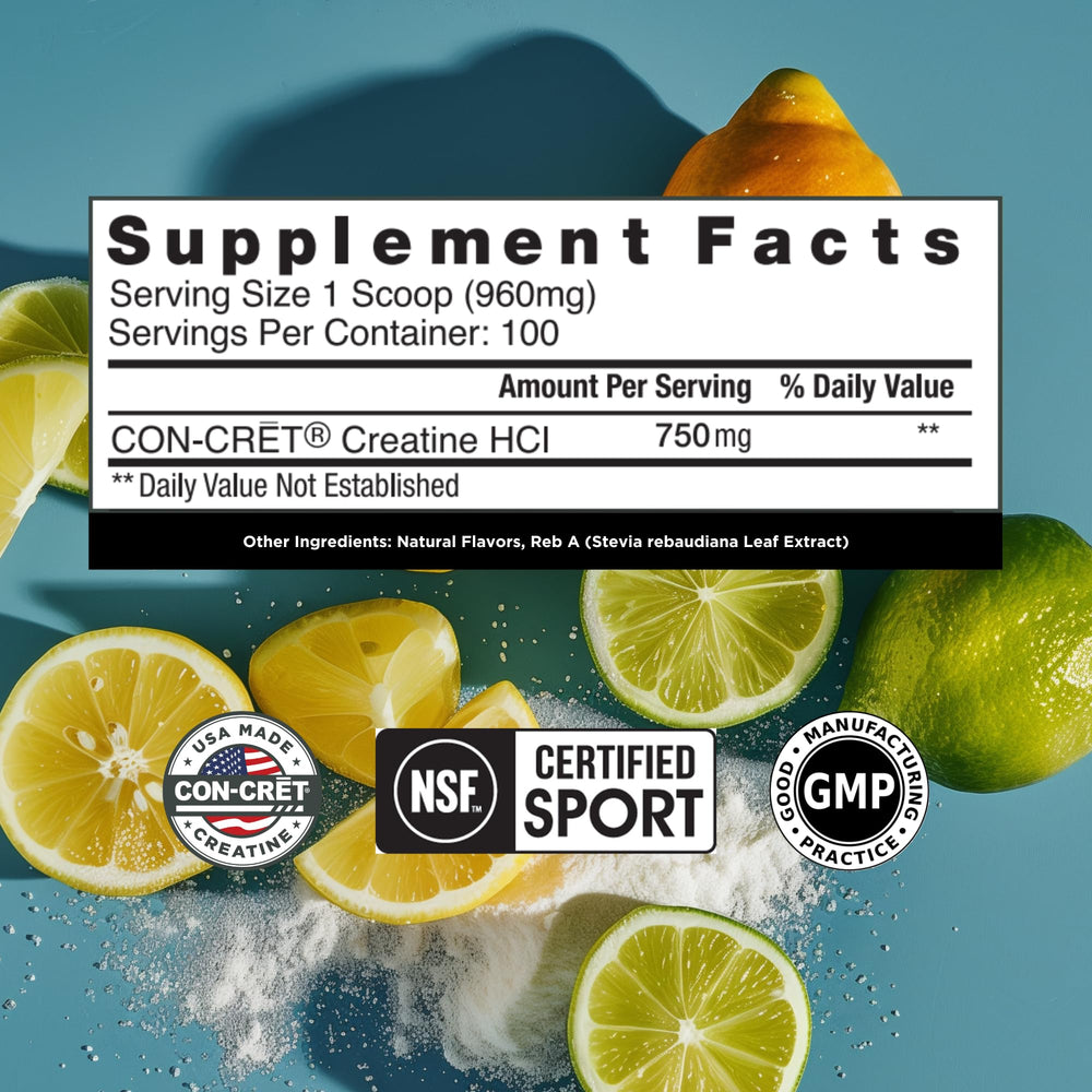 CON-CRET Creatine HCl powder scoop demonstrates easy dosing for workouts