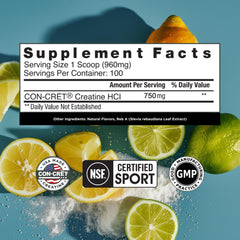 CON-CRET Creatine HCl powder scoop demonstrates easy dosing for workouts
