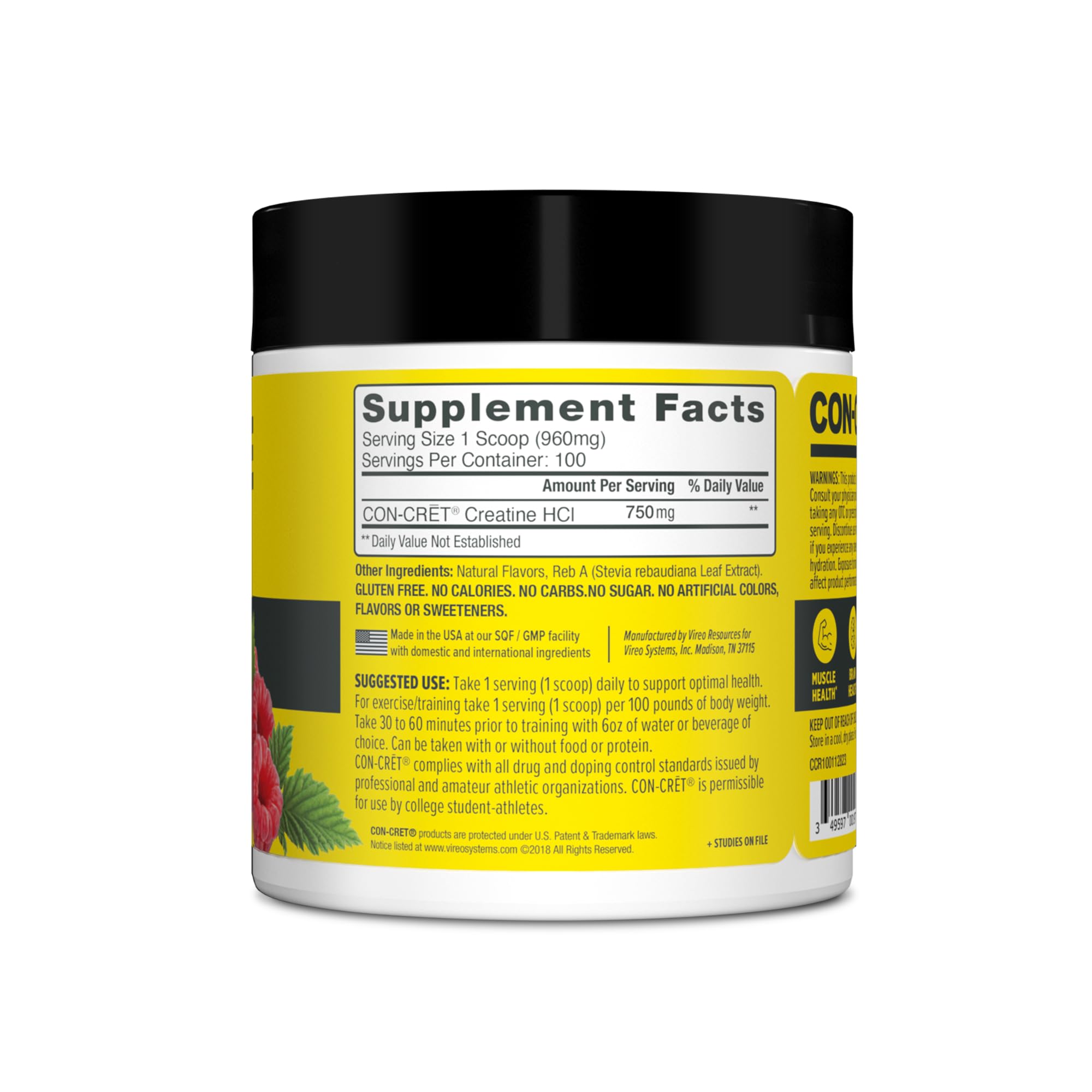 CON-CRET Raspberry Creatine HCl bottle emphasizing muscle energy support during training.