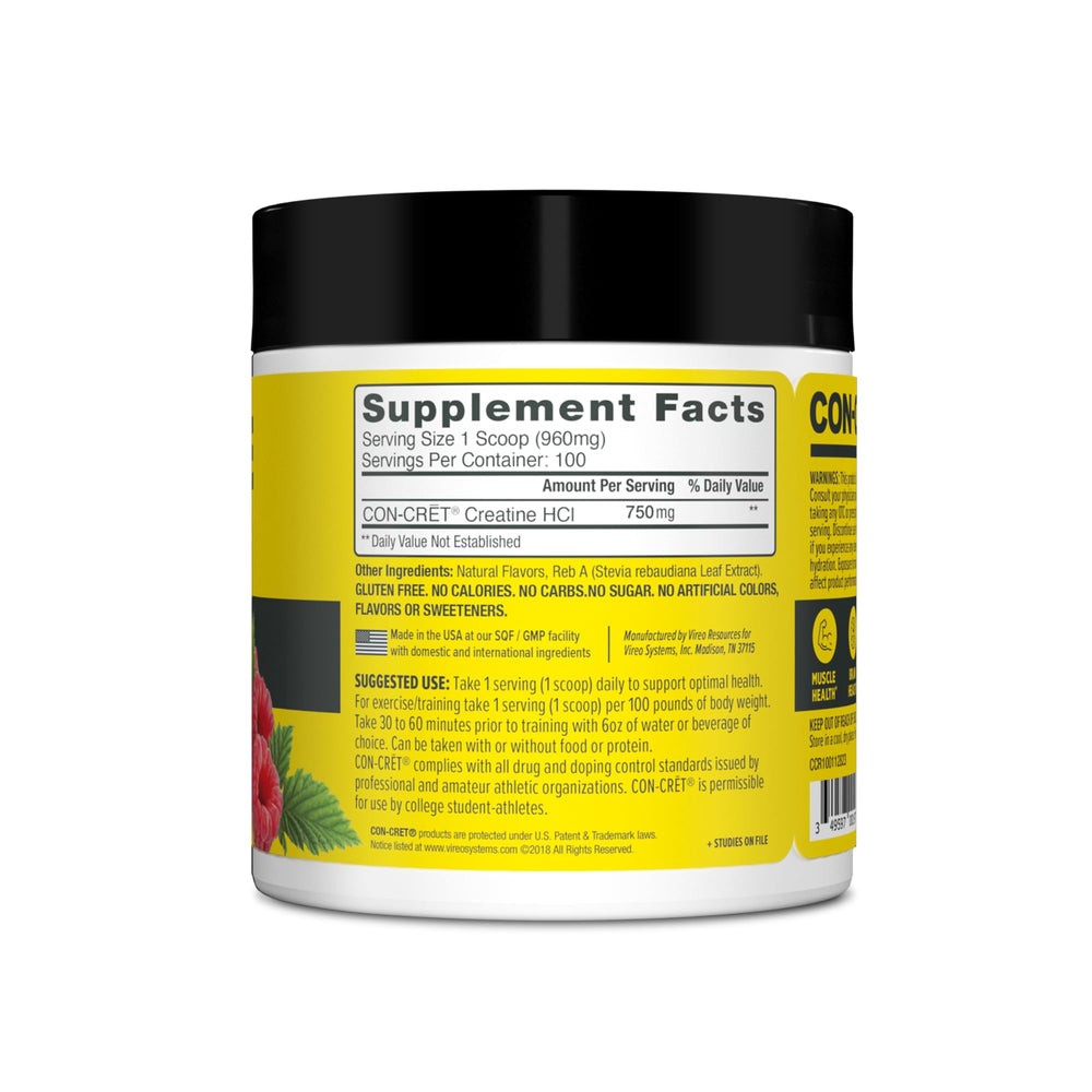 CON-CRET Raspberry Creatine HCl bottle emphasizing muscle energy support during training.
