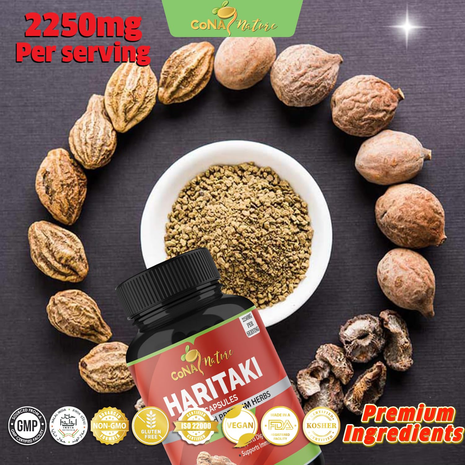 Cona Nature Haritaki natural gift from India framed as a daily supplement.