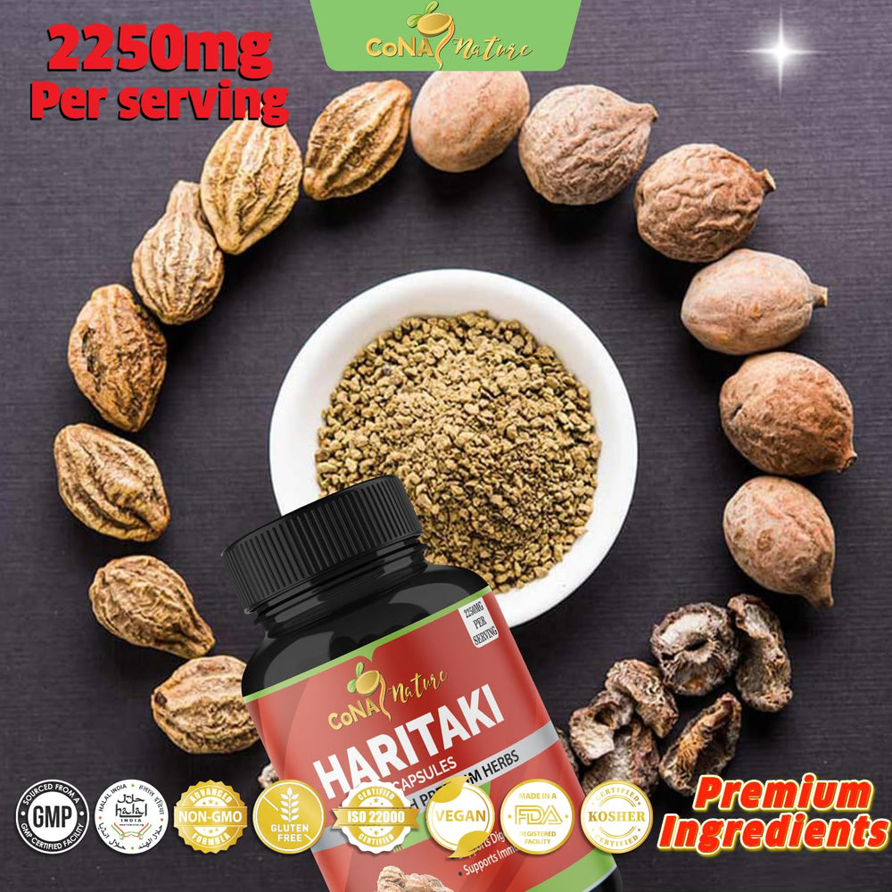 Cona Nature Haritaki natural gift from India framed as a daily supplement.