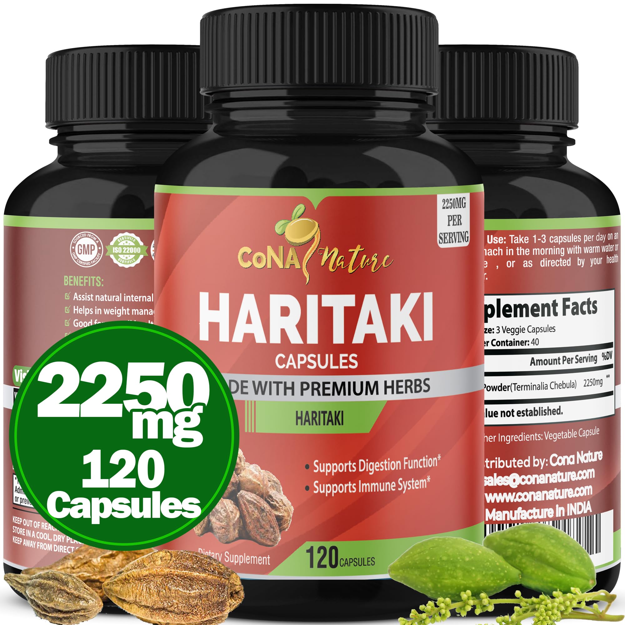 Cona Nature Haritaki capsules on bottle, supporting digestive balance and daily wellness.