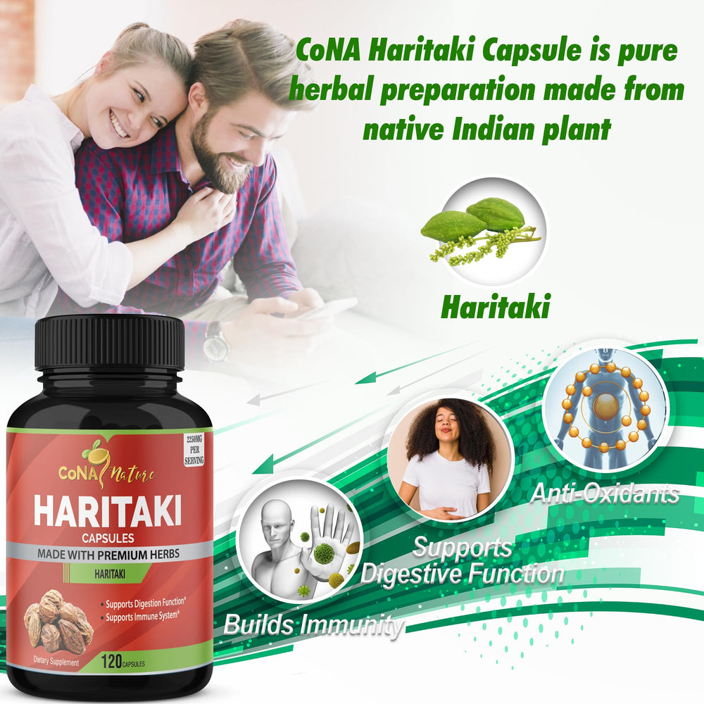 Cona Nature Haritaki capsules suggest natural regularity and cleansing benefits.
