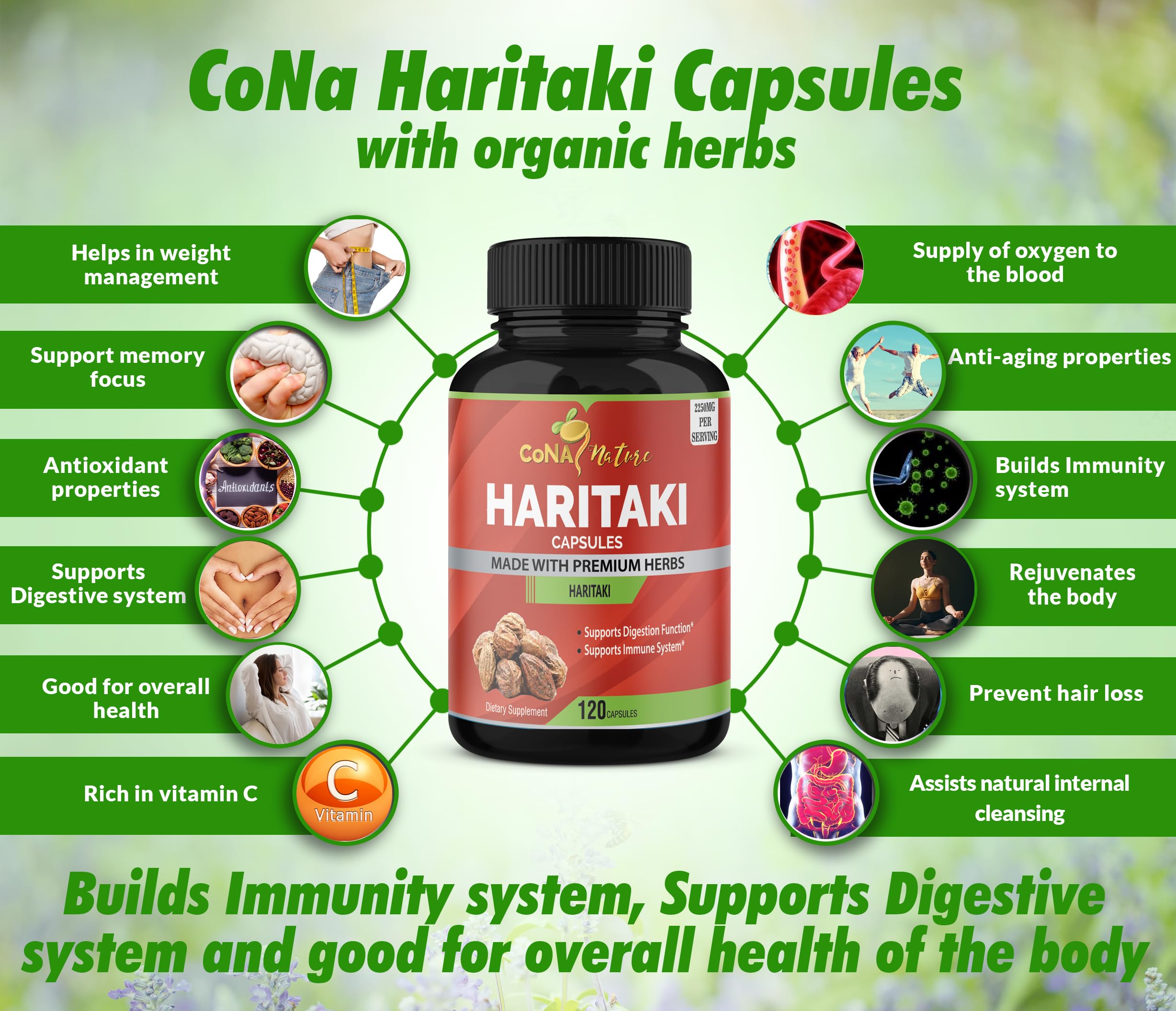 Cona Nature Haritaki is vegan, gluten-free, and non-GMO for plant-based goals.