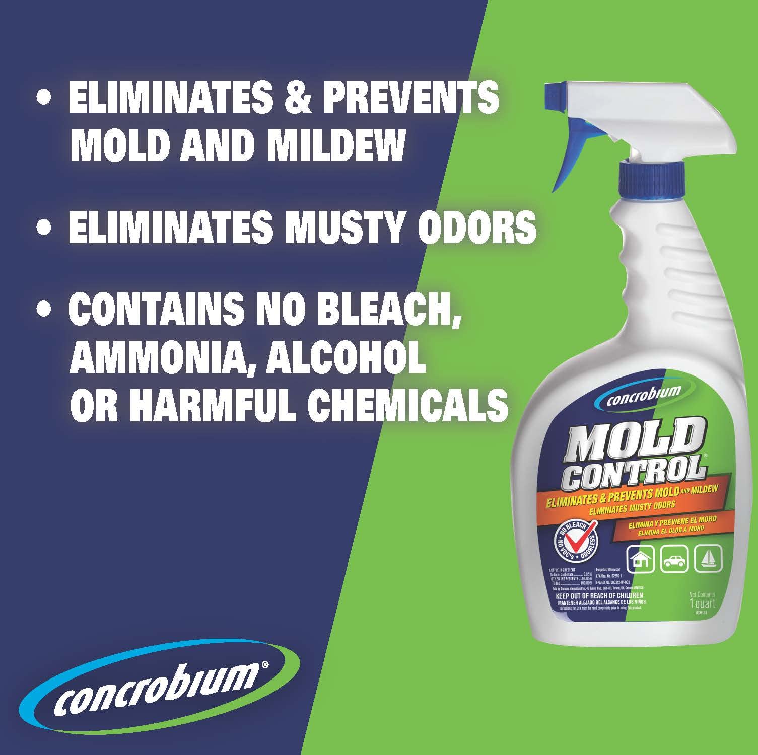 Concrobium Mold Control application action shows spray being applied for mold treatment.